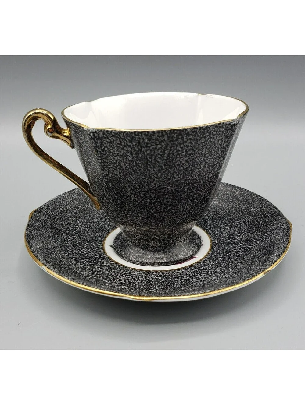 Vintage Roslyn Teacup & Saucer Fine Bone China Black Pink Tea Rose Elegant